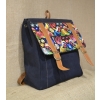 Mały plecak ze skóry zamszowej kolor granatowego z kwiatowym haftem