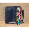 Portfel torebka skórzana granatowa z kwiatowym kolorowym haftem .