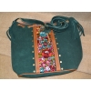 Torebka worek etno ze skóry ciemnozielona z kwiatowym haftem