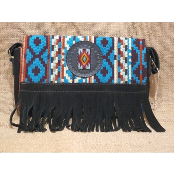 Torebka skórzana zamszowa czarna w stylu boho  z etnicznym haftem .