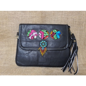 Torebka skórzana BOHO kopertówka ciemnobrązowa z koralikami MULLO  i haftem kwiatowym .