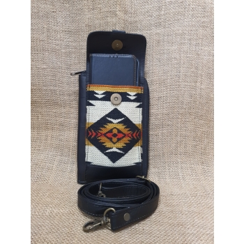 Skórzany portfel torebka czarny  durzy z etnicznym haftem