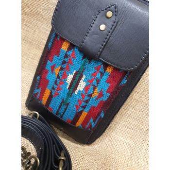 Skórzany portfel torebka czarny  durzy z etnicznym haftem