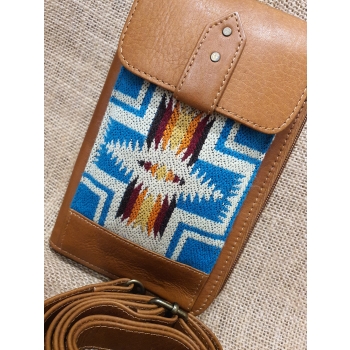 Skórzany portfel torebka brązowa  duża z etnicznym haftem