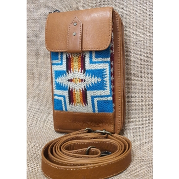 Skórzany portfel torebka brązowa  duża z etnicznym haftem