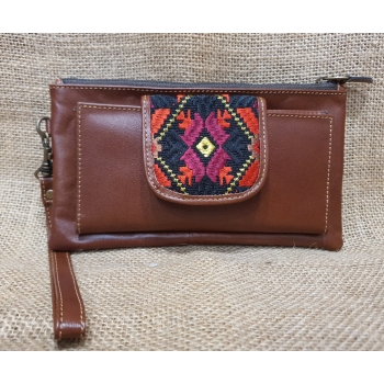 Portfel  skórzany brązowy z etnicznym haftem bichunga