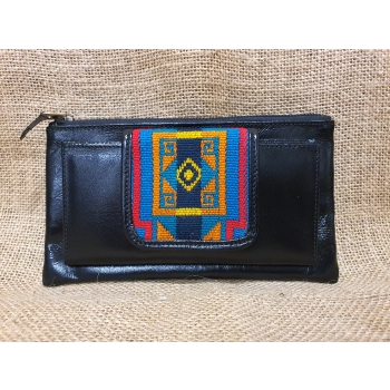 Portfel  skórzany czarny z etnicznym haftem bichunga