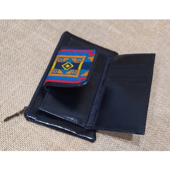 Portfel  skórzany czarny z etnicznym haftem bichunga