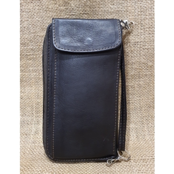 Portfel  wielofunkcyjny skórzany ciemnobrązowy z kwiatowym  kolorowym haftem .