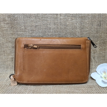 Skórzany portfel torebka brązowa  duża z etnicznym haftem