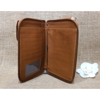 Skórzany portfel torebka brązowa  duża z etnicznym haftem