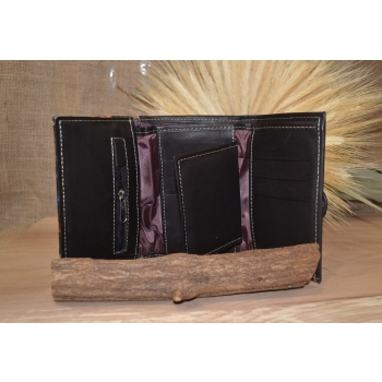 Portfel mały skórzany ciemnobrązowy z kwiatowym kolorowym haftem .