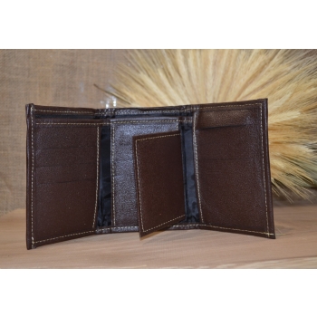 Portfel mały skórzany ciemnobrązowy z kwiatowym kolorowym haftem .