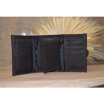 Portfel mały skórzany ciemnobrązowy z kwiatowym kolorowym haftem .