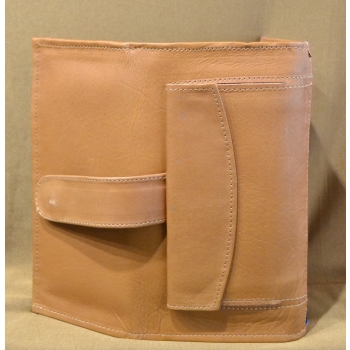 Portfel duży skórzany jasnobrązowy z kwiatowym kolorowym haftem .