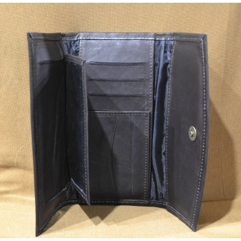 Portfel duży skórzany ciemnobrązowy z kwiatowym kolorowym haftem .