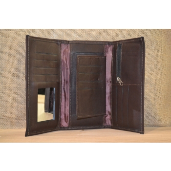 Portfel duży skórzany ciemno brązowy z kwiatowym kolorowym haftem .