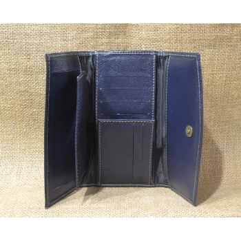 Portfel duży skórzany granatowy z kwiatowym kolorowym haftem .