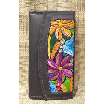 Portfel duży skórzany ciemnobrązowy z kwiatowym kolorowym haftem .