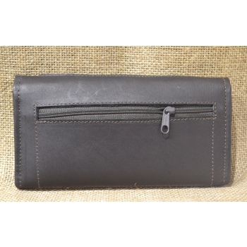 Portfel duży skórzany ciemnobrązowy z kwiatowym kolorowym haftem .