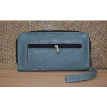 Portfel duży skórzany dwukomorowy szary z kwiatowym kolorowym haftem .