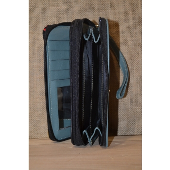 Portfel duży skórzany dwukomorowy szary z kwiatowym kolorowym haftem .