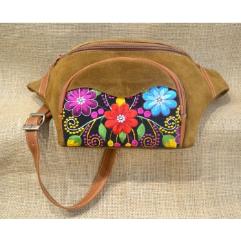 Torebka na biodro z brązowej zamszowej skóry i kwiatowym  kolorowym haftem .