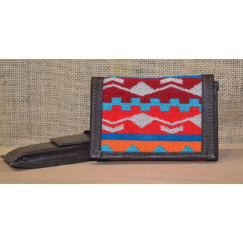 Portfel skórzany ciemnobrązowy męski  z andyjskim etnicznym haftem.