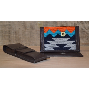 Portfel skórzany ciemnobrązowy męski  z andyjskim etnicznym haftem.