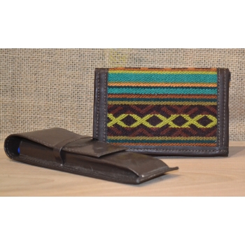 Portfel skórzany ciemnobrązowy męski  z andyjskim etnicznym haftem.