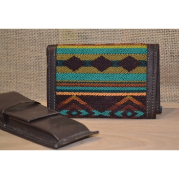 Portfel skórzany ciemnobrązowy męski  z andyjskim etnicznym haftem.