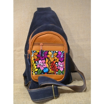 Torebka skórzana zamszowa grantowa typu gruszka  haftowana etnicznym kwiatowym  wzorem.