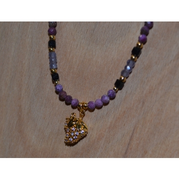 Naszyjnik handmade z czarnym turmalinem , czaritem i kocim okiem .