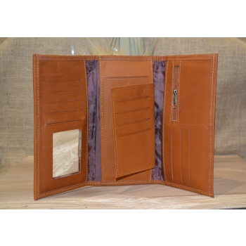 Portfel duży skórzany brązowy z kwiatowym kolorowym haftem .