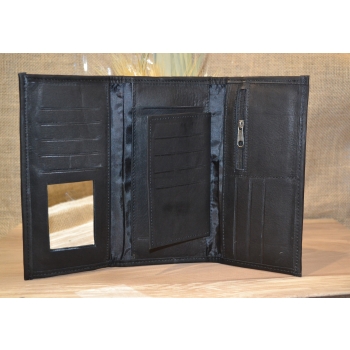 Portfel duży skórzany ciemnobrązowy z kwiatowym kolorowym haftem .