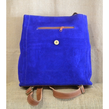 Plecak typu kostka  ze skóry zamszowej niebieski z kwiatowym kolorowym haftem