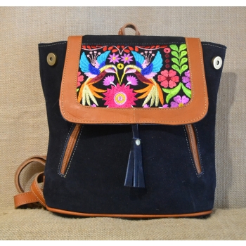 Mały plecak ze skóry zamszowej kolor granatowego z kwiatowym haftem