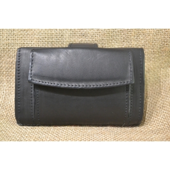 Portfel mały skórzany ciemnobrązowy z kwiatowym kolorowym haftem .