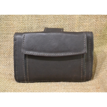 Portfel mały skórzany ciemnobrązowy z kwiatowym kolorowym haftem .