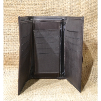 Portfel duży skórzany ciemnobrązowy z kwiatowym kolorowym haftem .