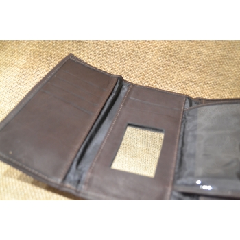 Portfel duży skórzany ciemnobrązowy z kwiatowym kolorowym haftem .