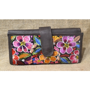 Portfel duży skórzany ciemnobrązowy z kwiatowym kolorowym haftem .