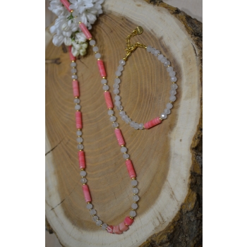 Naszyjnik z Rodochrozytu i Kwarcu Różowego.