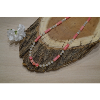 Naszyjnik z Rodochrozytu i Kwarcu Różowego.