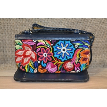 Portfel torebka skórzana granatowa z kwiatowym kolorowym haftem