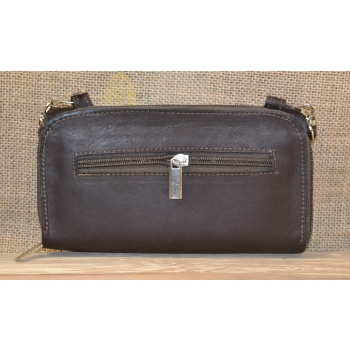 Portfel torebka skórzana ciemnobrązowa z kwiatowym kolorowym haftem .