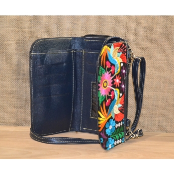 Portfel torebka skórzana granatowa z kwiatowym kolorowym haftem .