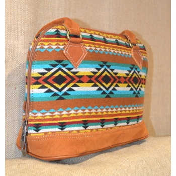 Torebka etniczna z brązowej zamszowej skóry i wełnianej haftowanej tkaniny .