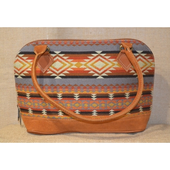 Torebka etniczna z brązowej zamszowej skóry i wełnianej haftowanej tkaniny .