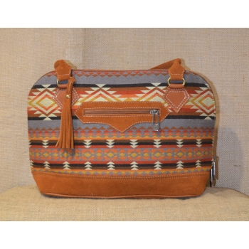 Torebka etniczna z brązowej zamszowej skóry i wełnianej haftowanej tkaniny .